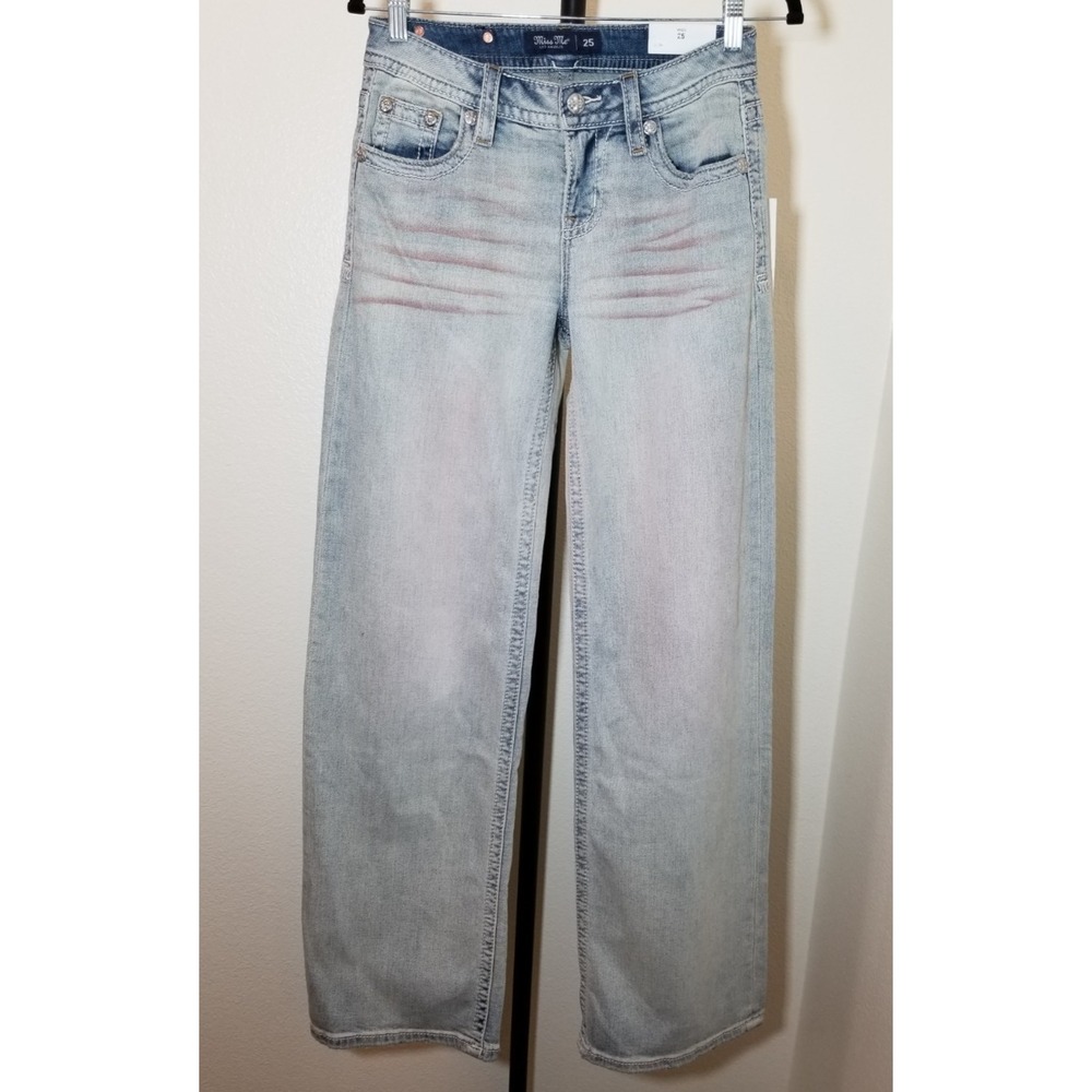 Miss Me Mid-Rise Wide Leg Jeans Size 25x34 Embroidered Pockets Grunge Y2K  NWT
